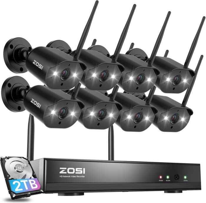 ZOSI 8CH 2K Wireless Security Camera System Outdoor Indoor, 8 X 3MP WiFi IP Camera with Color Night Vision, Plug-in, Spotlight, 2-Way Talk, Light & Siren Alarm, 2TB HDD for 24/7 Recording