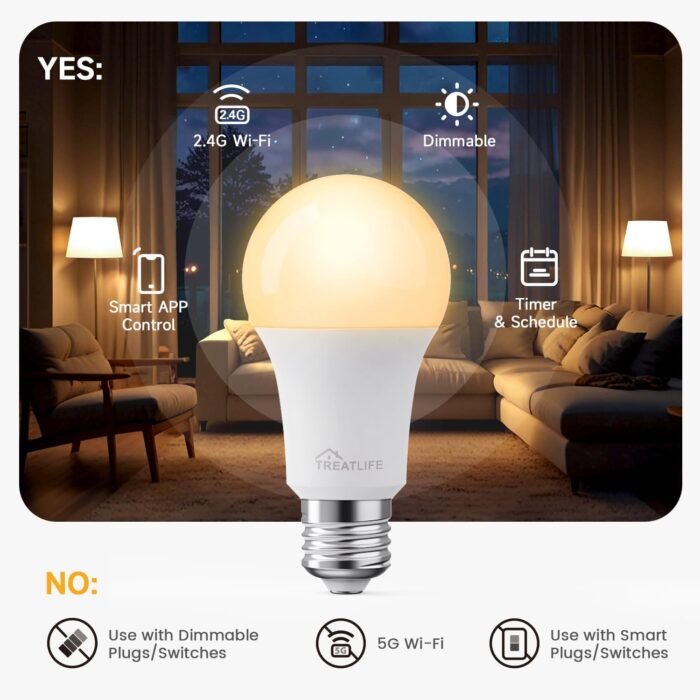 TREATLIFE Smart Light Bulbs 4Pack, 2500K-6500K Tunable White Dimmable LED Light Bulb Compatible with Alexa and Google Home, 2.4GHz WiFi Smart Bulb, 800LM, E26 A19 9W, No Hub Required - Image 3
