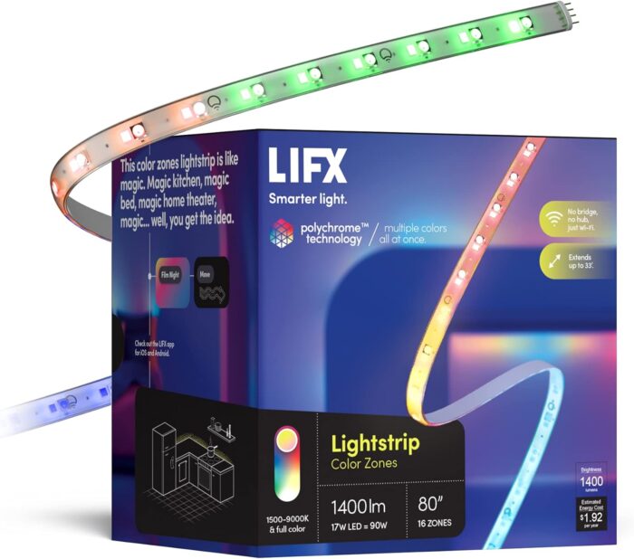 LIFX Lightstrip Color Zones, Wi-Fi Smart LED Light Strip, Full Color with Polychrome Technology™, No Bridge Required, Works with Alexa, Hey Google, HomeKit and Siri, 80" Kit