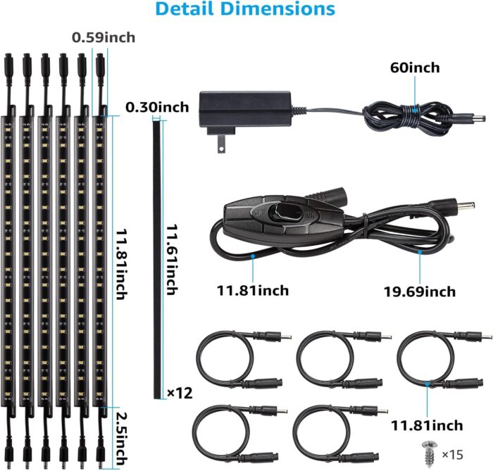 TORCHSTAR LED Safe Lighting Kit, (6) 12 Inch Linkable Light Bars + Rocker Switch + UL Power Adapter, 900LM, Input 100-240V, for Under Cabinet Gun Safe Locker Closet Showcase, 5000K Daylight - Image 7