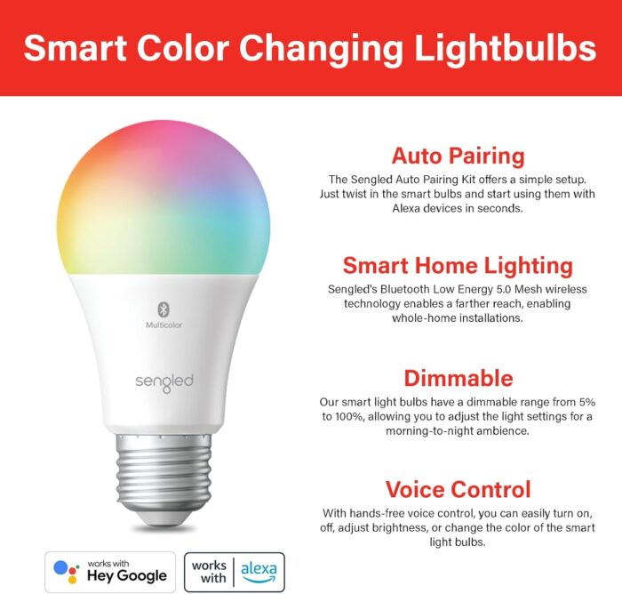 Sengled Smart Light Bulbs, Color Changing Alexa/Bluetooth Mesh, Dimmable LED Bulb A19 E26 Multicolor, High CRI, High Brightness, 8.7W 800LM, 1Pack - Image 2