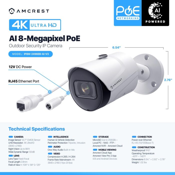 Amcrest 4K (8MP) IP POE Camera, UltraHD Outdoor Bullet, 3840x2160, 98ft NightVision, 125° FOV, IP67, MicroSD (256GB), Human & Vehicle Detection, Tripwire & Intrusion, (IP8M-2496EW-AI-V3) - Image 7