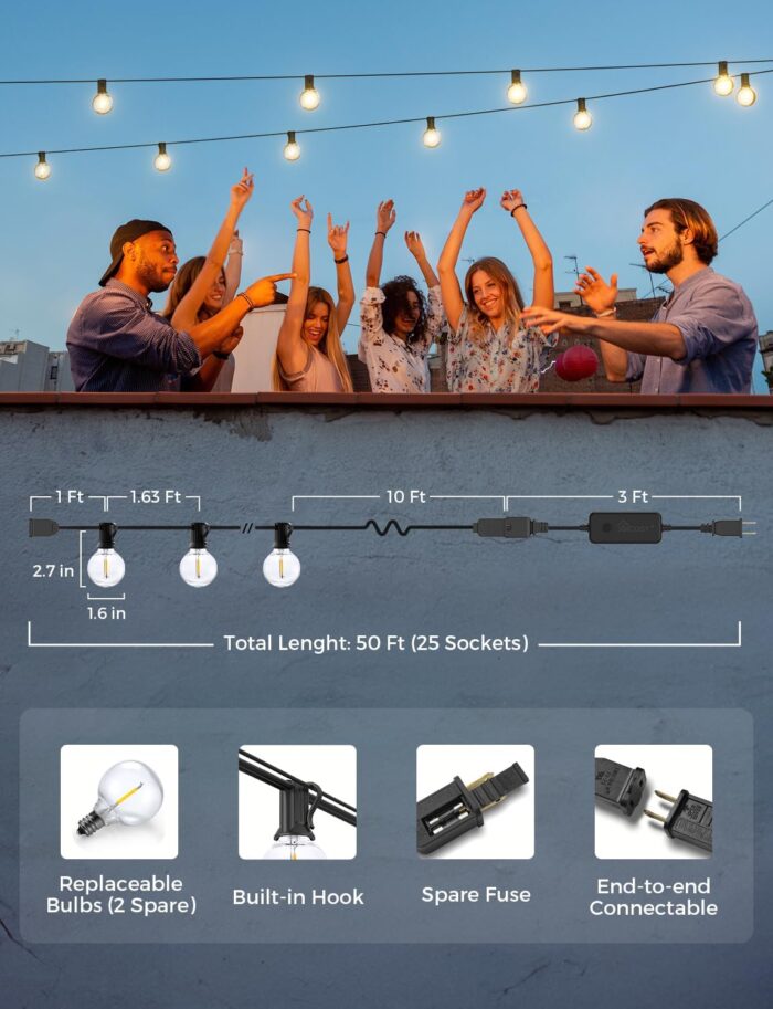 XMCOSY+ Patio Lights, Smart Outdoor String Lights 50Ft, G40 Globe Patio Lights with 25 Dimmable LED Bulbs, APP Control, Work with Alexa, Connectable Waterproof LED Outdoor Lights for Patio Porch - Image 6