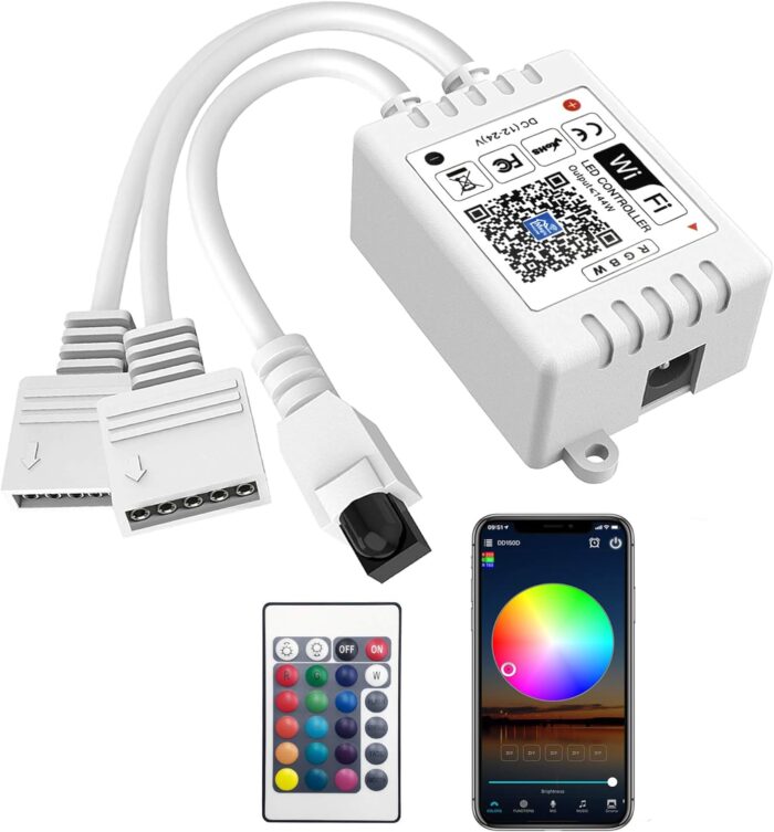 GIDEALED Smart WiFi RGBW LED Controller 2-Output 5 Pin with 24-Key RF Remote,Compatible with Alexa&Google Assistant,Voice/APP Control Strip Lights for Android/iOS System(WiFi LED Controller Only)