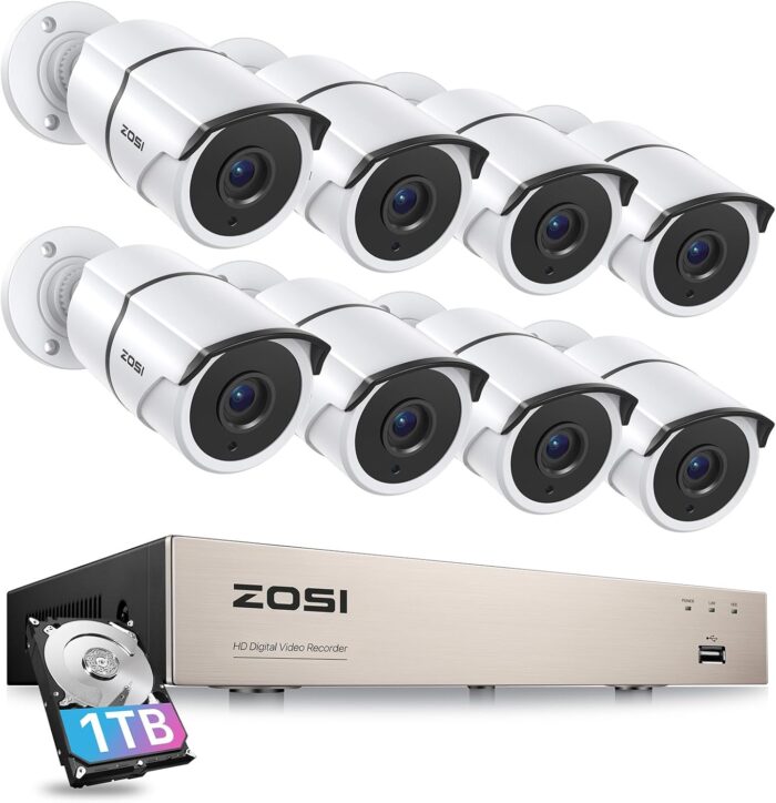ZOSI 3K Lite Home Security Camera System with Audio,AI Human/Vehicle Detection,Night Vision,8 Channel H.265+ CCTV DVR with 1TB HDD,8pcs 1920TVL Indoor Outdoor Surveillance Cameras,for 24/7 Recording