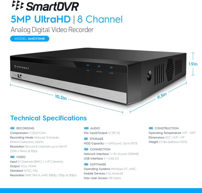 Amcrest 5MP UltraHD 8 Channel DVR Security Camera System Recorder, 5MP Security DVR for Analog Security Cameras, Remote Smartphone Access, HDD & Cameras NOT Included (AMDV5M8) - Image 7