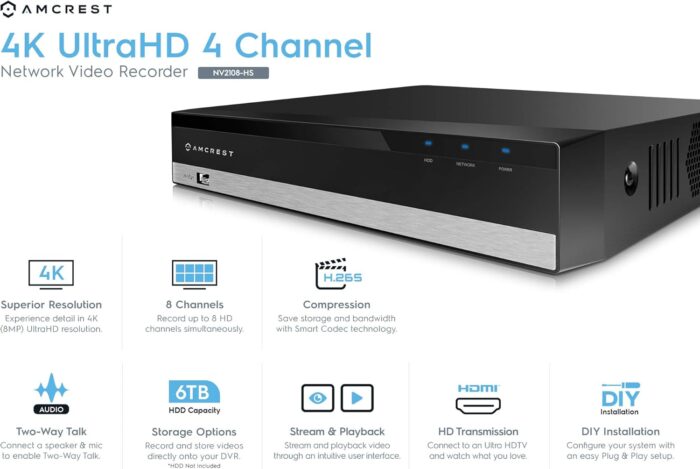 Amcrest NV2108-HS 4K 8CH NVR 4K Network Video Recorder, 8-Channels, No PoE Ports, Supports 8 x 8MP IP Cameras, Supports up to 6TB HDD (Not Included) - Image 2