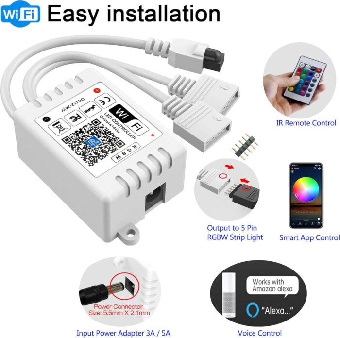 GIDEALED Smart WiFi RGBW LED Controller 2-Output 5 Pin with 24-Key RF Remote,Compatible with Alexa&Google Assistant,Voice/APP Control Strip Lights for Android/iOS System(WiFi LED Controller Only) - Image 3