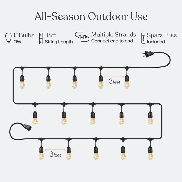 Brightech Ambience Pro Incandescent Outdoor String Lights - Commercial Grade Waterproof Patio Lights with 48 Ft Dimmable Edison Bulbs, Porch String Lights for Patio, Backyard - 15 Bulbs 11W - Image 3