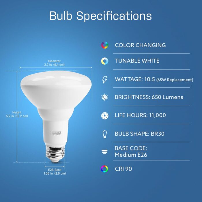 Feit Electric BR30 Smart Flood Light Bulb,2.4GHz WiFi Color Changing and Dimmable, No Hub, Works with Alexa or Google Assistant, BR30/RGBW/CA/AG, 65W, Multi-Color (RGBW), 1 Count (Pack of 1) - Image 3