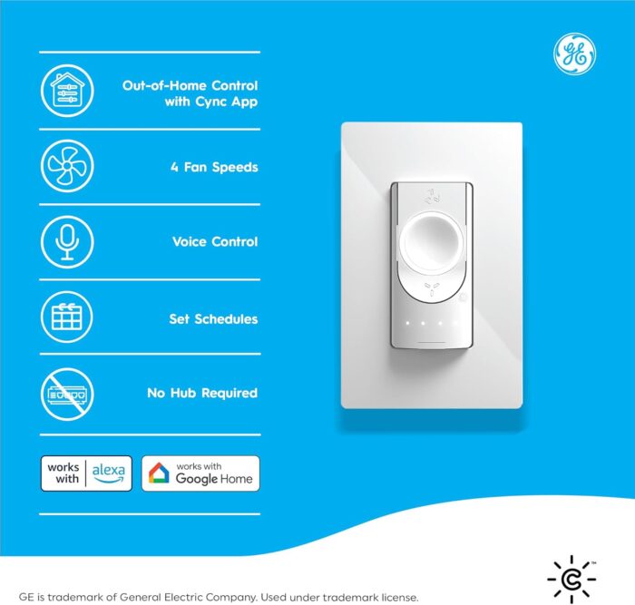 GE CYNC Smart Ceiling Fan Control, Neutral Wire Required, Bluetooth and 2.5 GHz Wi-Fi 4-Wire Smart Switch, Works with Amazon Alexa and Google Home, White - Image 2