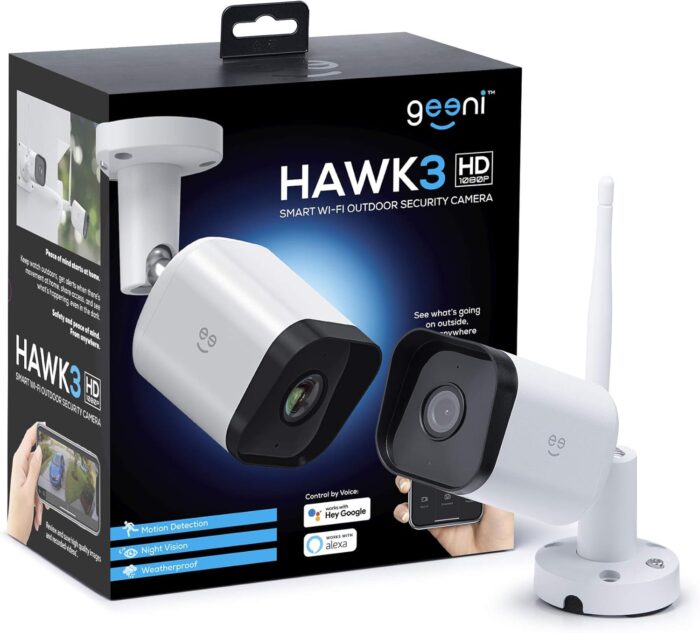 Geeni Hawk 3 Outdoor Security Camera, 1080p HD, Weatherproof, Motion Detection, Night Vision, Two-Way Audio, Alexa/Google Compatible