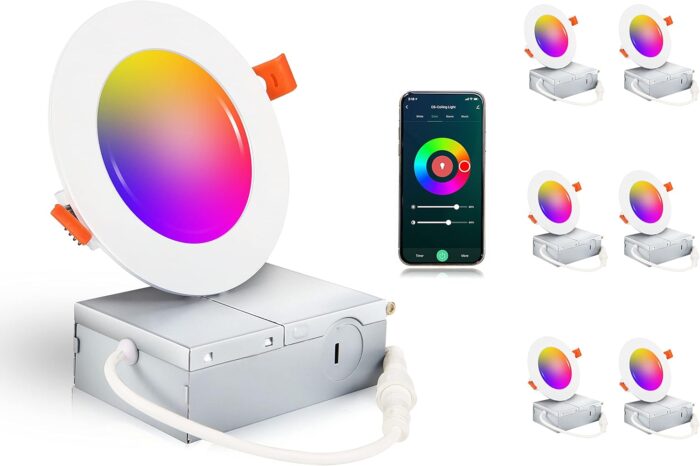 [6 Pack] CLOUDY BAY 4inch Smart WiFi LED Recessed Lights,RGBCW Color Changing Recessed Lighting,Compatible with Alexa and Google Home Assistant,10W 2700K-6500K,CRI90+ Wet Location,White Finish