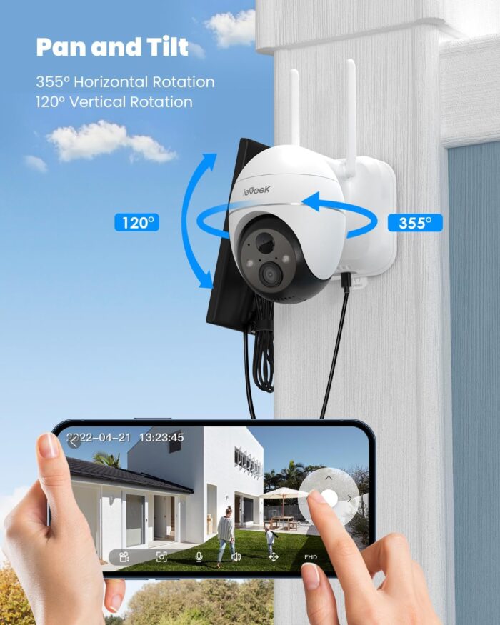 ieGeek Security Camera Outdoor, 2K Wireless WiFi 360°PTZ Camera, Solar Battery Powered Surveillance Camera with Spotlight/Siren/Motion Detection/3MP Color Night Vision,Compatible with Alexa - Image 2