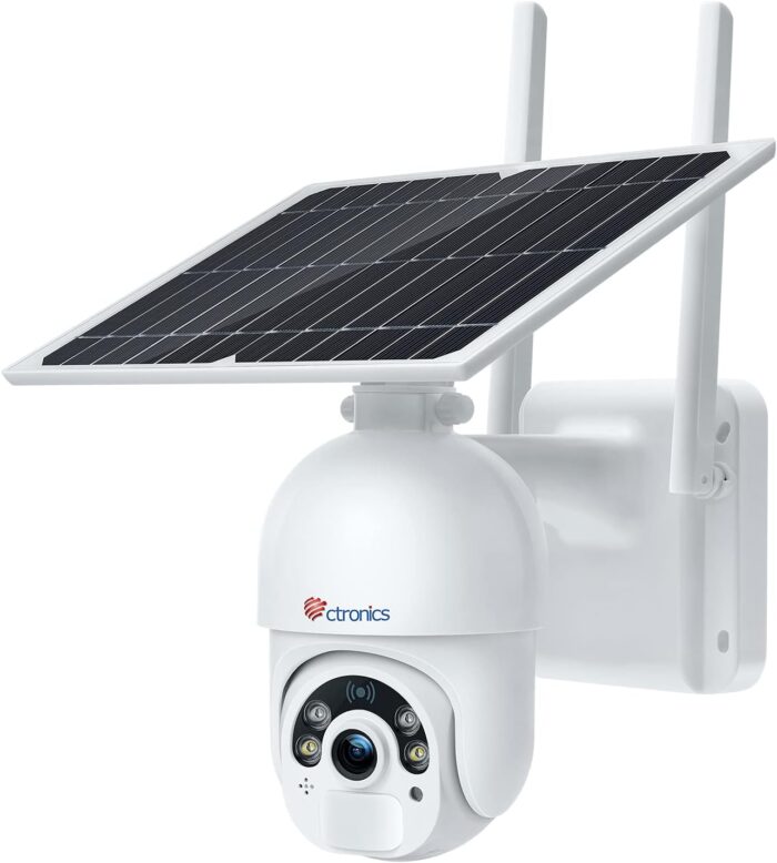 Ctronics 3MP Solar Security Camera Wireless Outdoor WiFi, PTZ Surveillacne Camera Battery-Powered for Home Security, 360° View, Spotlight Color Night Vision, PIR Human Detection, 2-Way Audio (White)