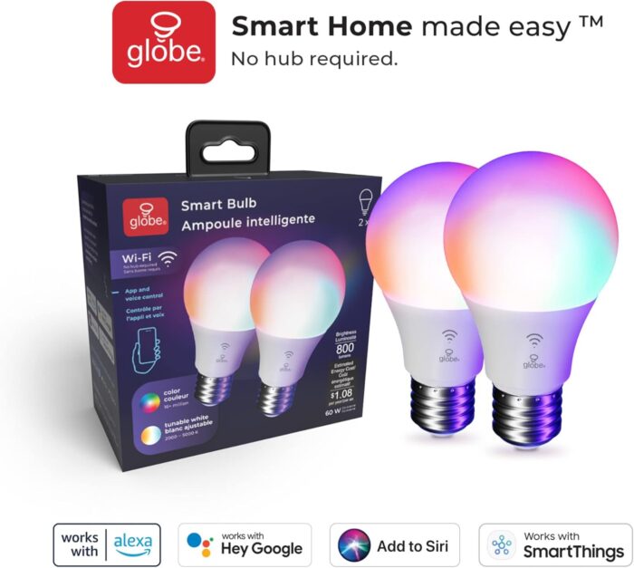 Globe Electric 34207 Wi-Fi Smart 10 Watt (60W Equivalent) Multicolor Changing RGB Tunable White Frosted LED Light Bulb 2-Pack, No Hub Required, Voice Activated, 2000K - 5000K, A19 Shape, E26 Base - Image 11