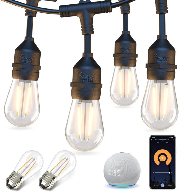 XMCOSY+ Outdoor String Lights, 98Ft Smart LED Patio Lights, WiFi Control, Compatible with Alexa, Waterproof Dimmable Edison String Lights for Outside, Porch