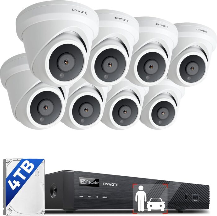 ONWOTE 4K NVR Wired Security Camera System PoE, 16 Channel 12MP Commercial NVR 4TB, 8X Outdoor 8MP IP Cameras, 134° FoV, AI Detection, 24/7 Video Audio Recording, CCTV Surveillance for Home Business
