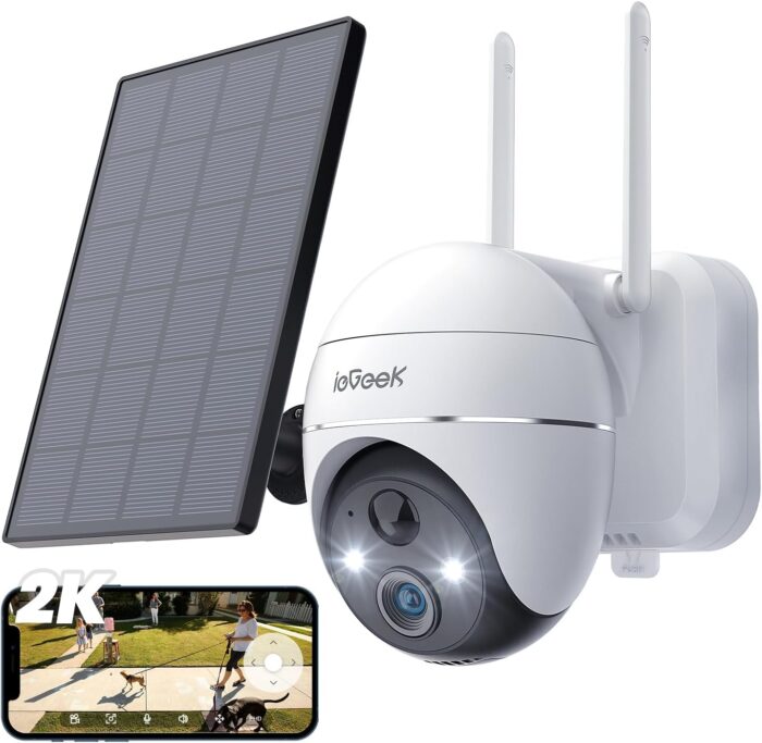 ieGeek Security Camera Outdoor, 2K Wireless WiFi 360°PTZ Camera, Solar Battery Powered Surveillance Camera with Spotlight/Siren/Motion Detection/3MP Color Night Vision,Compatible with Alexa