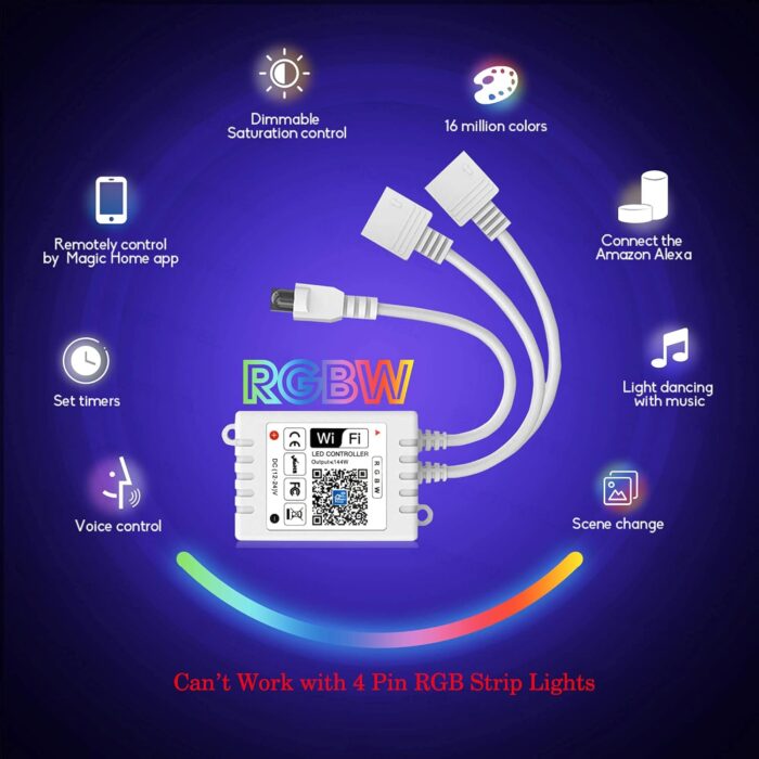 GIDEALED Smart WiFi RGBW LED Controller 2-Output 5 Pin with 24-Key RF Remote,Compatible with Alexa&Google Assistant,Voice/APP Control Strip Lights for Android/iOS System(WiFi LED Controller Only) - Image 2