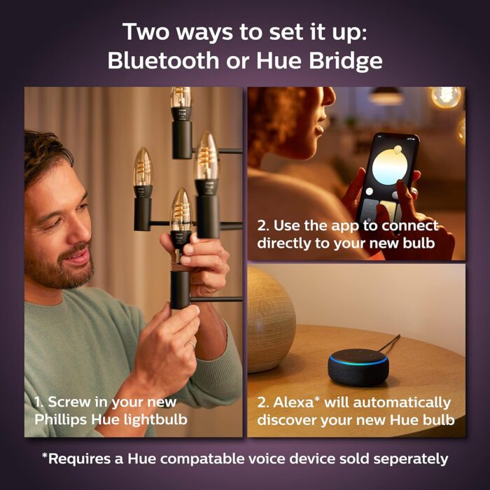 Philips Hue Smart 25W Candle-Shaped Filament LED Bulb - Soft Warm White Light - 1 Pack - 270LM - E12 - Indoor - Control with Hue App - Compatible with Alexa, Google Assistant and Apple Homekit. - Image 7