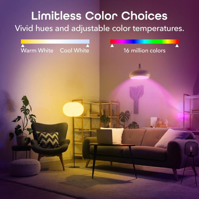Geeni Smart Light Bulbs - Color Changing & Tunable White, Dimmable, Works with Alexa & Google Home, 2.4 GHz WiFi, A19, 800 lm, 4 Pack - Image 4