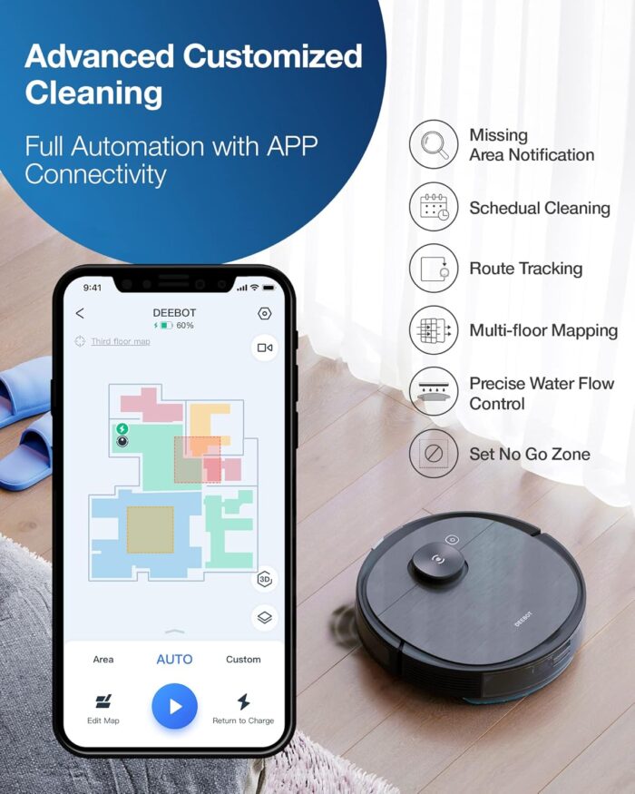 ECOVACS Deebot T8 AIVI Robot Vacuum Cleaner For Floors,Carpet, Vacumming and Mopping in One-Go, Laser Mapping, Smart AI Object Recognition, On-Demand Live Video, Custom Clean, 3+ Hours of Runtime - Image 3