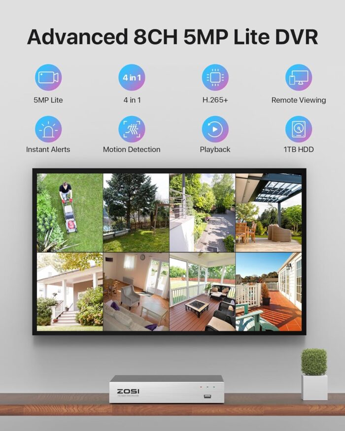 ZOSI 3K Lite Home Security Camera System with Audio,AI Human/Vehicle Detection,Night Vision,8 Channel H.265+ CCTV DVR with 1TB HDD,8pcs 1920TVL Indoor Outdoor Surveillance Cameras,for 24/7 Recording - Image 5
