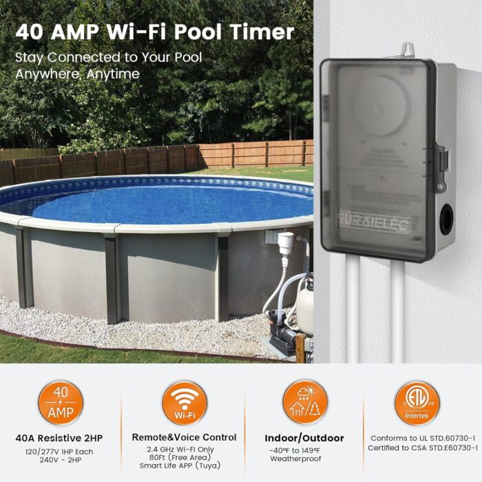 Suraielec WiFi Pool Timer, Outdoor Indoor Smart Switch, 40 AMP, 2HP, 120, 240, 277 VAC, Heavy Duty Pool Controller Light Timer Box for Pool Pump, Water Heater, Spa, Powerful Electrical Appliances - Image 2