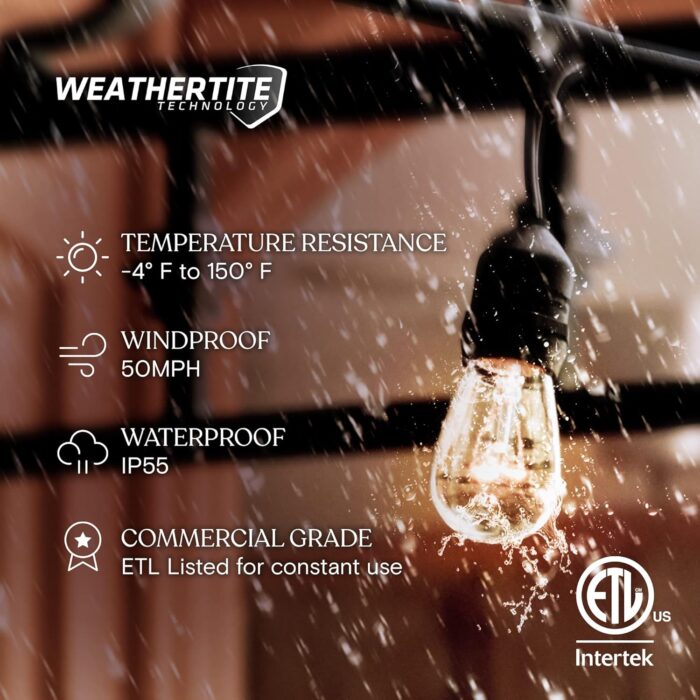 Brightech Ambience Pro Incandescent Outdoor String Lights - Commercial Grade Waterproof Patio Lights with 48 Ft Dimmable Edison Bulbs, Porch String Lights for Patio, Backyard - 15 Bulbs 11W - Image 2