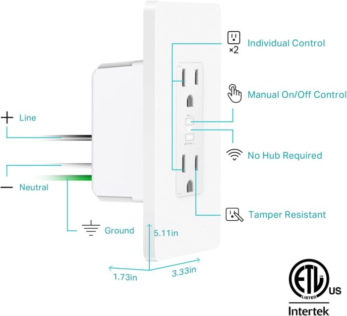 Kasa Smart Plug KP200, In-Wall Smart Home Wi-Fi Outlet Works with Alexa, Google Home & IFTTT, No Hub Required, Remote Control, ETL Certified , White, 1 Pack - Image 8