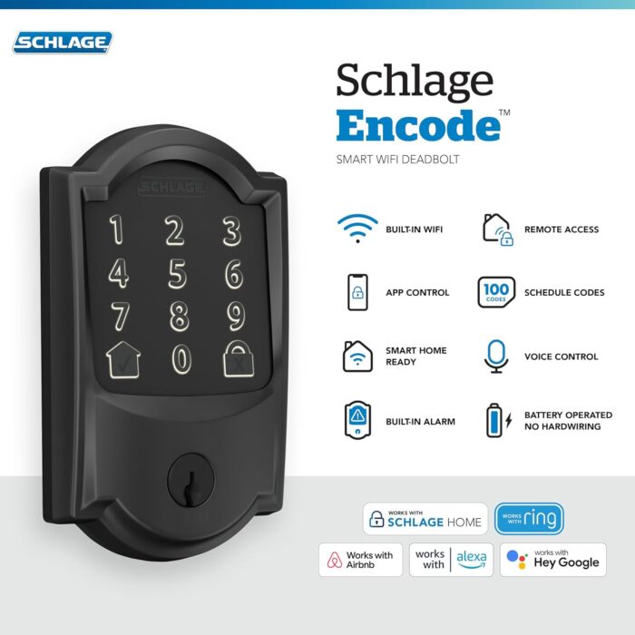 Schlage Encode Smart WiFi Deadbolt Lock for Front Door - Keyless Entry with App or Touchscreen - Works with Alexa, Apple HomeKit, Hey Google, & Airbnb - Create Codes for Guests - Matte Black - Image 2