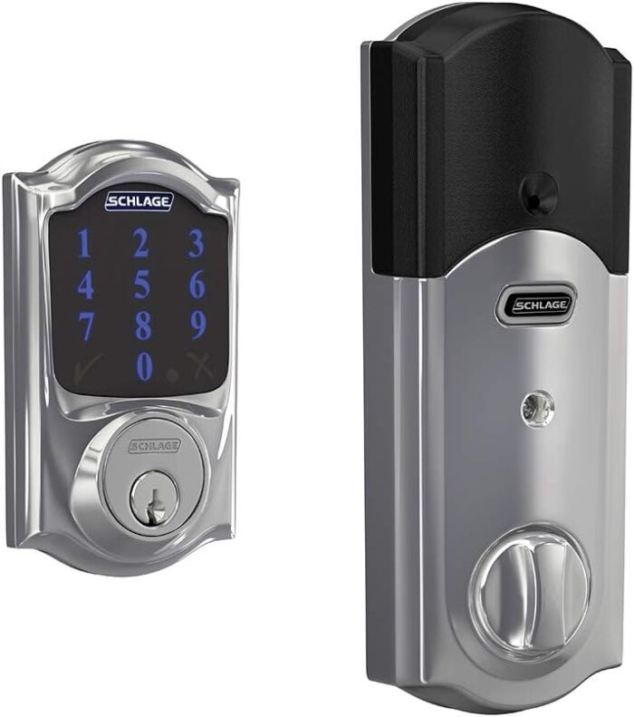 SCHLAGE BE469ZP CAM 625 Connect Smart Deadbolt With Alarm Inbuilt Camelot Trim In Bright Chrome