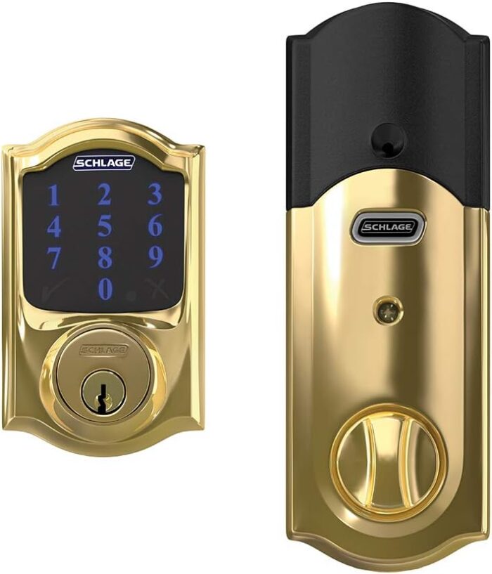 SCHLAGE BE469ZP CAM 605 Connect Smart Deadbolt With Alarm Inbuilt Camelot Trim In Bright Brass - Image 2