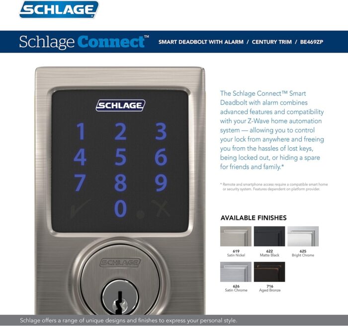 SCHLAGE BE469ZP CEN 626 Connect Smart Deadbolt With Alarm Inbuilt Century Trim In Satin Chrome - Image 3