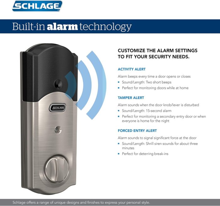 SCHLAGE BE469ZP CAM 619 Connect Smart Deadbolt with alarm with Camelot Trim in Satin Nickel, Z-Wave Plus enabled - Image 4