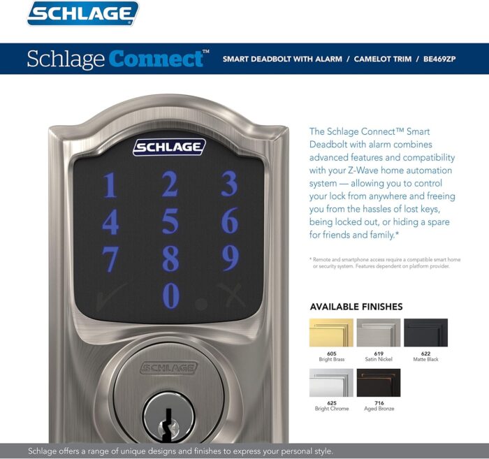 SCHLAGE BE469ZP CAM 619 Connect Smart Deadbolt with alarm with Camelot Trim in Satin Nickel, Z-Wave Plus enabled - Image 3