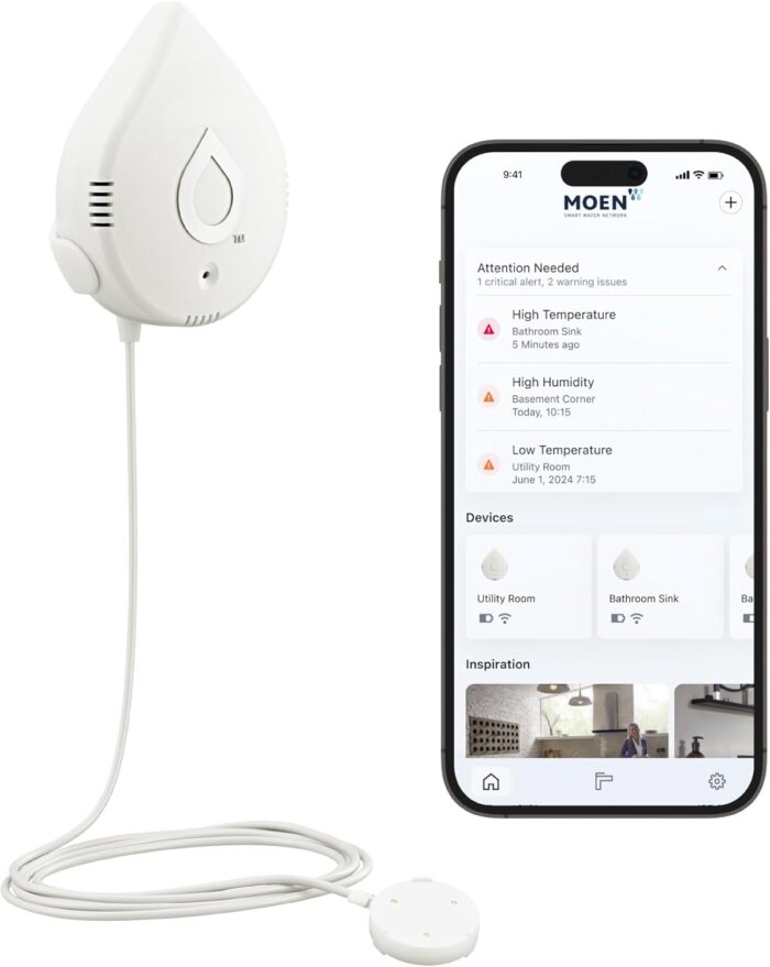 Moen Flo Smart Water Leak Detector, Drip or Flood Sensor Alarm for Home, 1-Pack, White, 920-004
