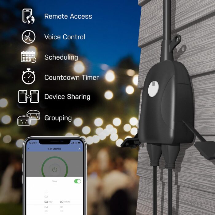 Feit Electric Smart Outdoor Plug, WiFi Waterproof Plug, 2 Grounded Sockets, Works with Alexa and Google Assistant, App Controlled, 15 Amp Indoor/Outdoor 2 Outlet Plug, Black, Plug/WiFi/WP - Image 3