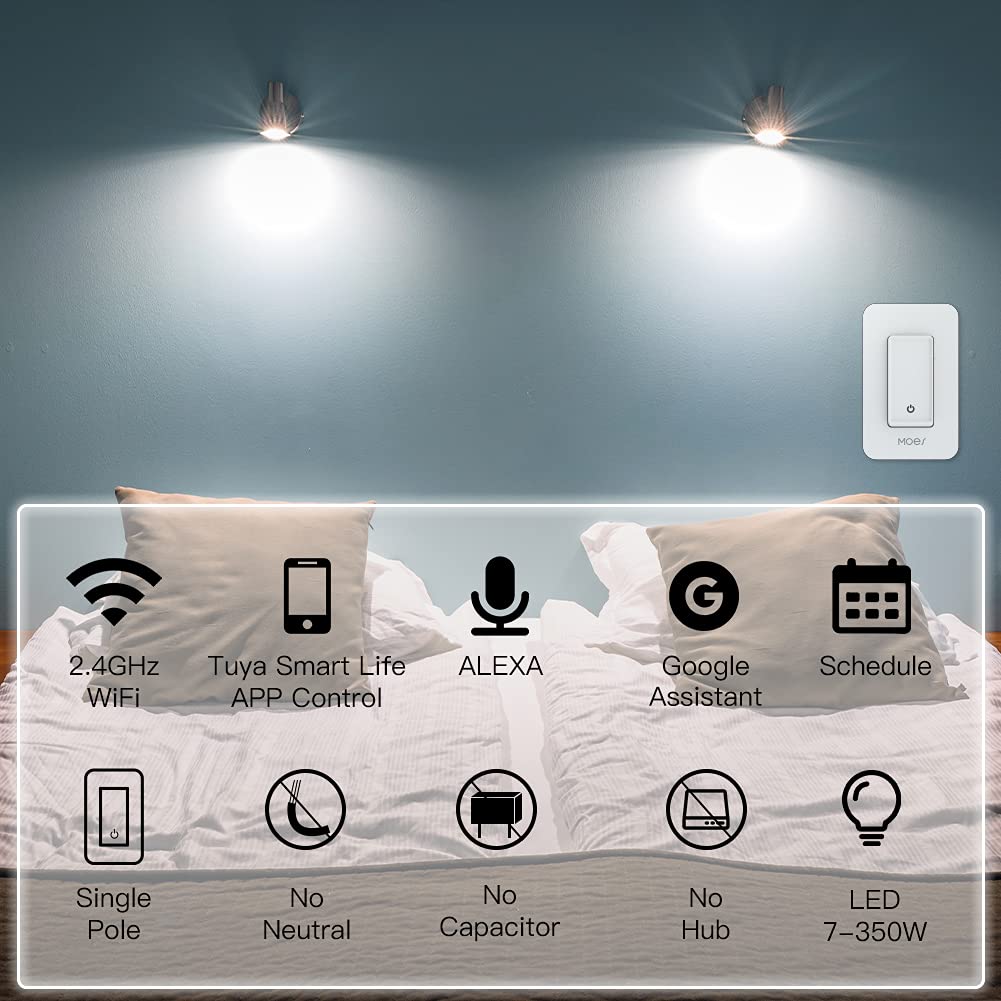 MOES WiFi Smart Light Switch No Neutral Wire, No Capacitor, No hub Required, 2nd Generation Single Live Wire Push Button, Tuya Smart Life App Remote Control Work with Alexa and Google Home, Minimum 7W - Image 6
